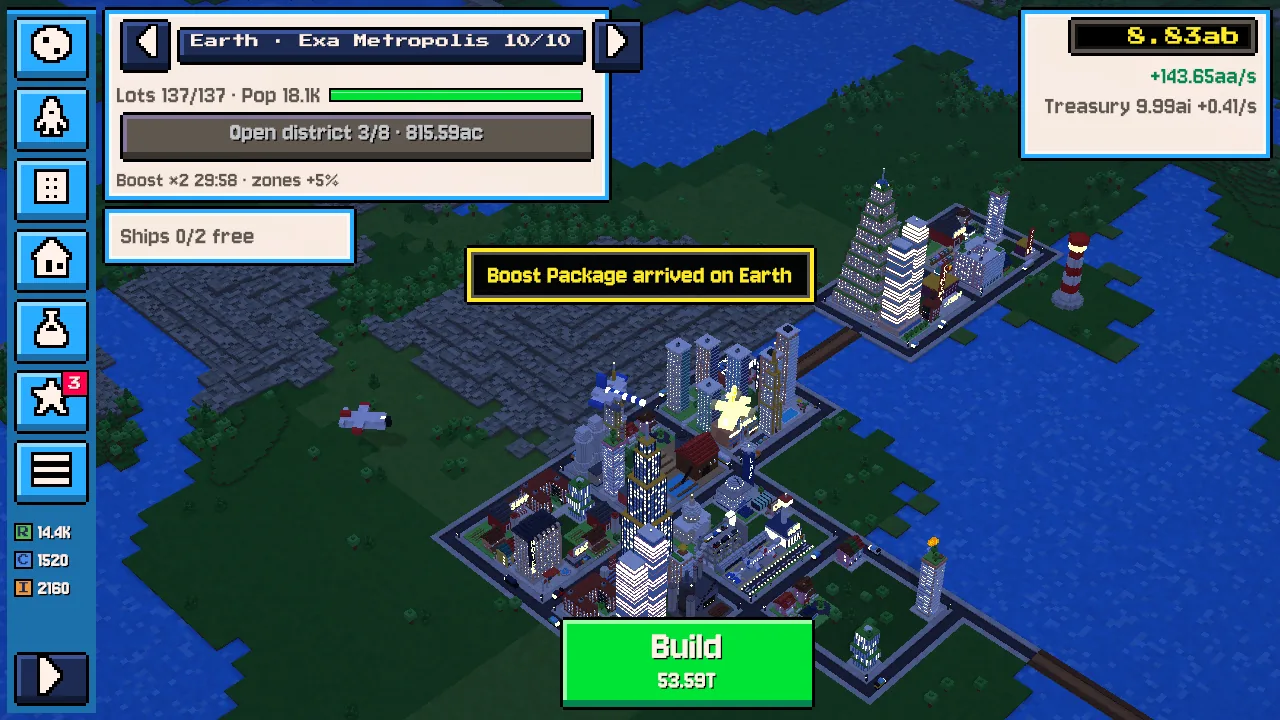 Exa Metropolis at night, windows lit, with the game's HUD: colony card, cash counter and green Build button.