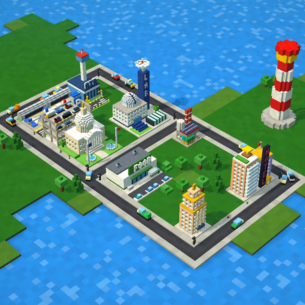 A small voxel town on Earth: houses, a parking garage, an airport and a red-and-white lighthouse on a spit of land by the water.