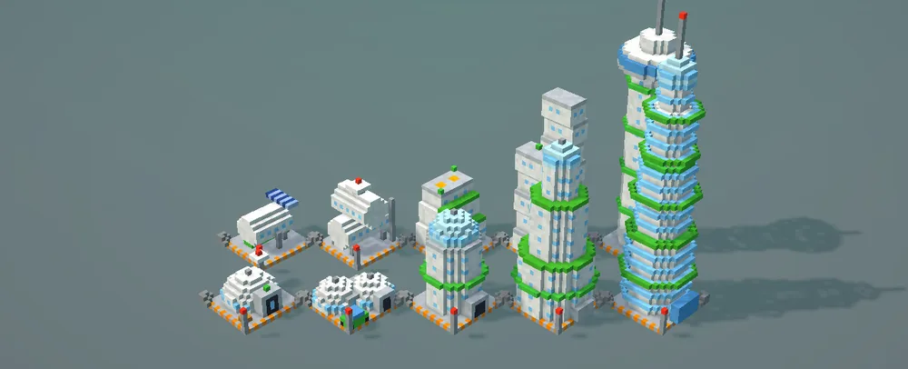 Five stages of a Moon habitat, from a small dome to a tall tower with green bands.